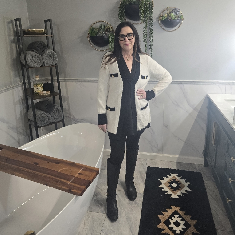 Boston Proper Elegant Black and White Women's Cardigan Sweater-Medium Super Soft